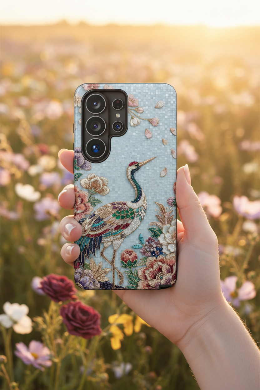 Floral Crane Tough Samsung Galaxy Phone Case | Vintage Embroidered Bird Protection