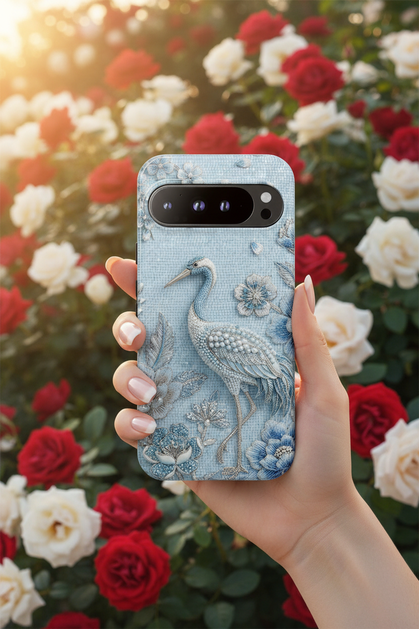 Blue Crane Floral Google Pixel Phone Case | Vintage Embossed Bird Design