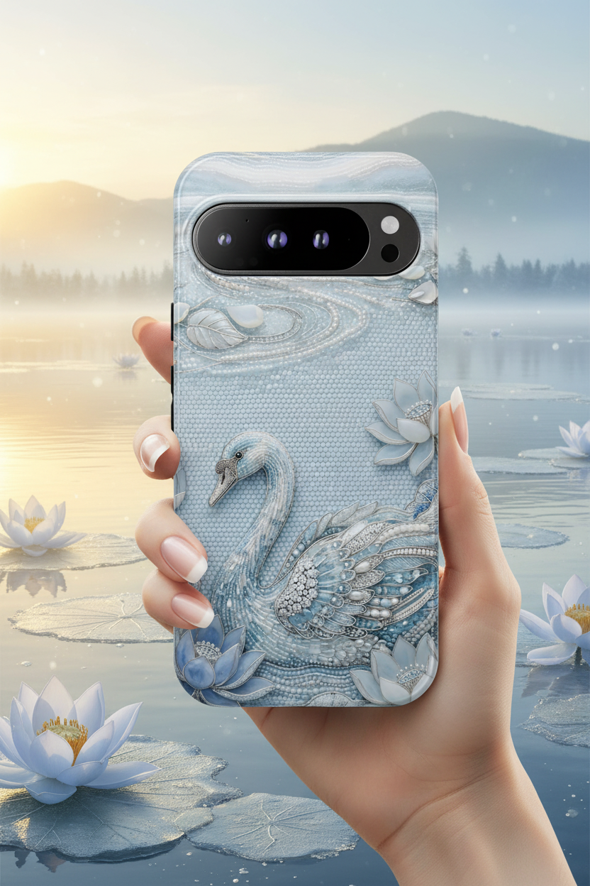 Swan Lake Floral Google Pixel Phone Case | Sparkling Blue Swan Protective Case