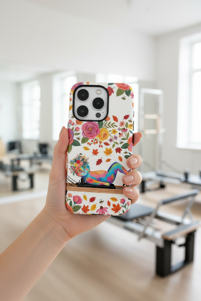 Autumn Floral Pilates MagSafe iPhone Case | Colorful Rainbow Pilates Cat on Falling Leaves