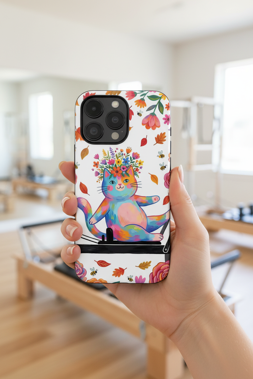 Colorful Floral Cat on Pilates Reformer Protective MagSafe iPhone Case
