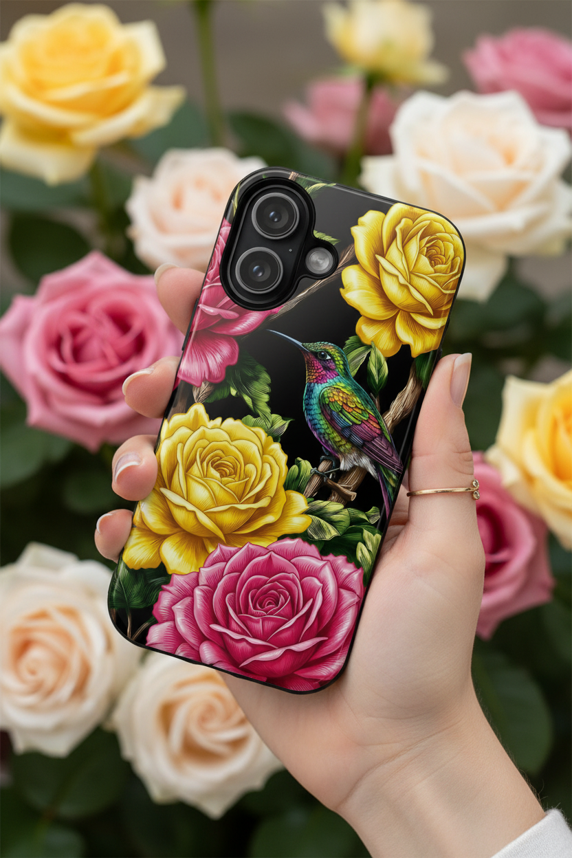 Cover iPhone Robusta Colibrì Floreale | Protezione Vibrante da Giardino Rosa e Giallo