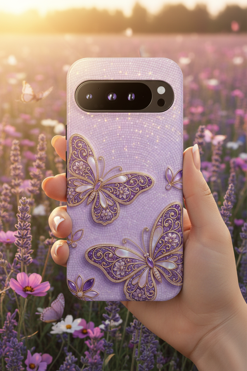 Purple Butterfly Tough Google Pixel Phone Case | Sparkling Floral Protective Cover