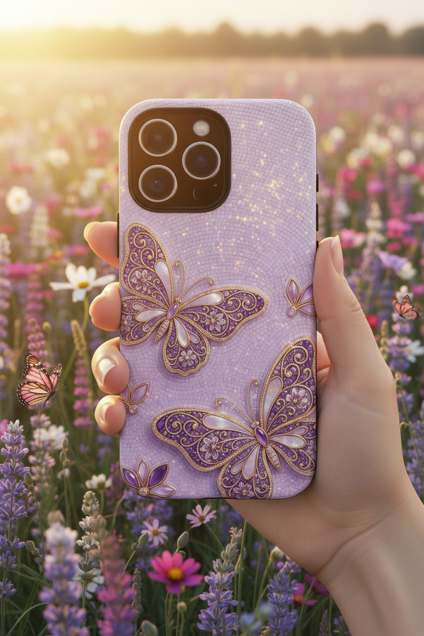 Purple Butterfly Tough iPhone Case | Sparkling Floral Protective Cover
