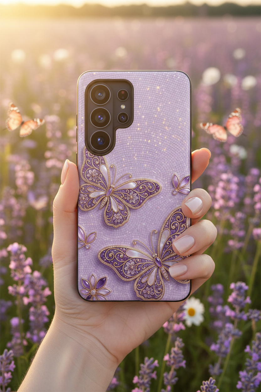 Purple Butterfly Tough Samsung Galaxy Phone Case | Sparkling Floral Protective Cover