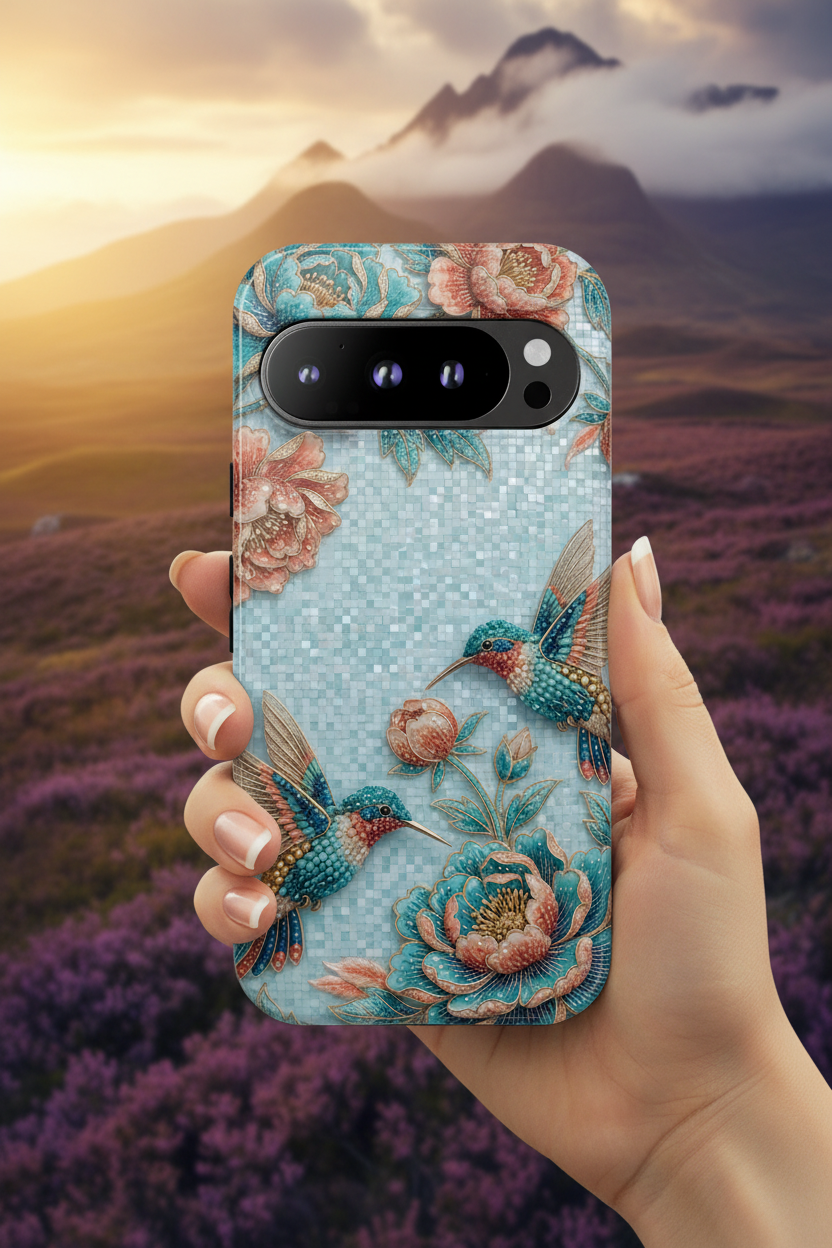 Cover per telefono Google Pixel "Hummingbird Floral Tough" | Design vintage floreale blu
