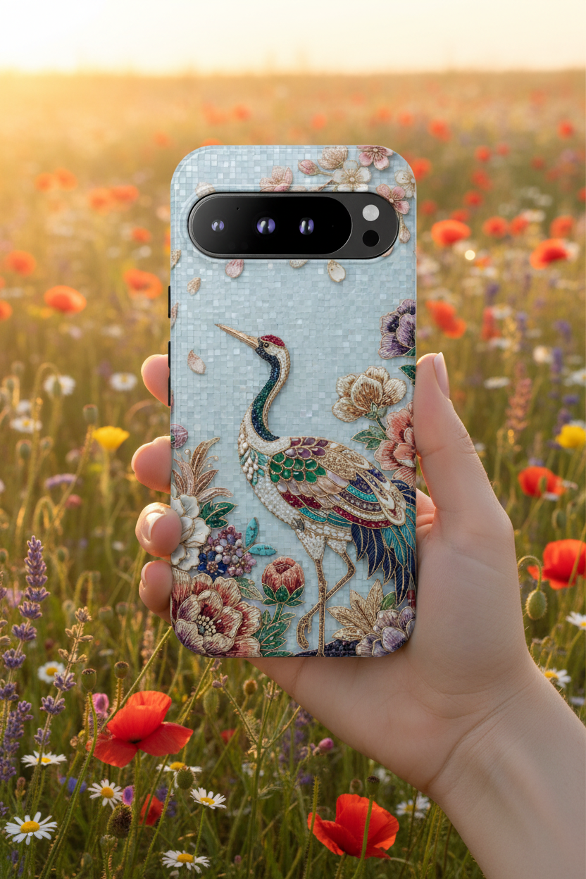 Floral Crane Tough Google Pixel Phone Case | Vintage Embroidered Bird Protection