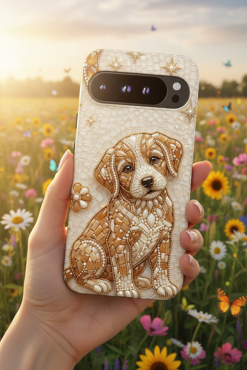 Cute Mosaic Puppy Google Pixel Phone Case — Protective Phone Cover with Brown Puppy Art