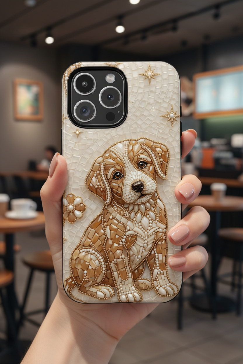 Cute Mosaic Puppy iPhone Case — Protective Phone Cover with Brown Puppy Art