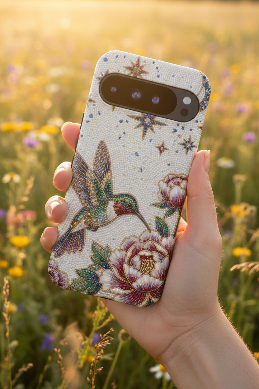 Custodia protettiva per Google Pixel con colibrì floreale | Cover protettiva con accento a stella vintage