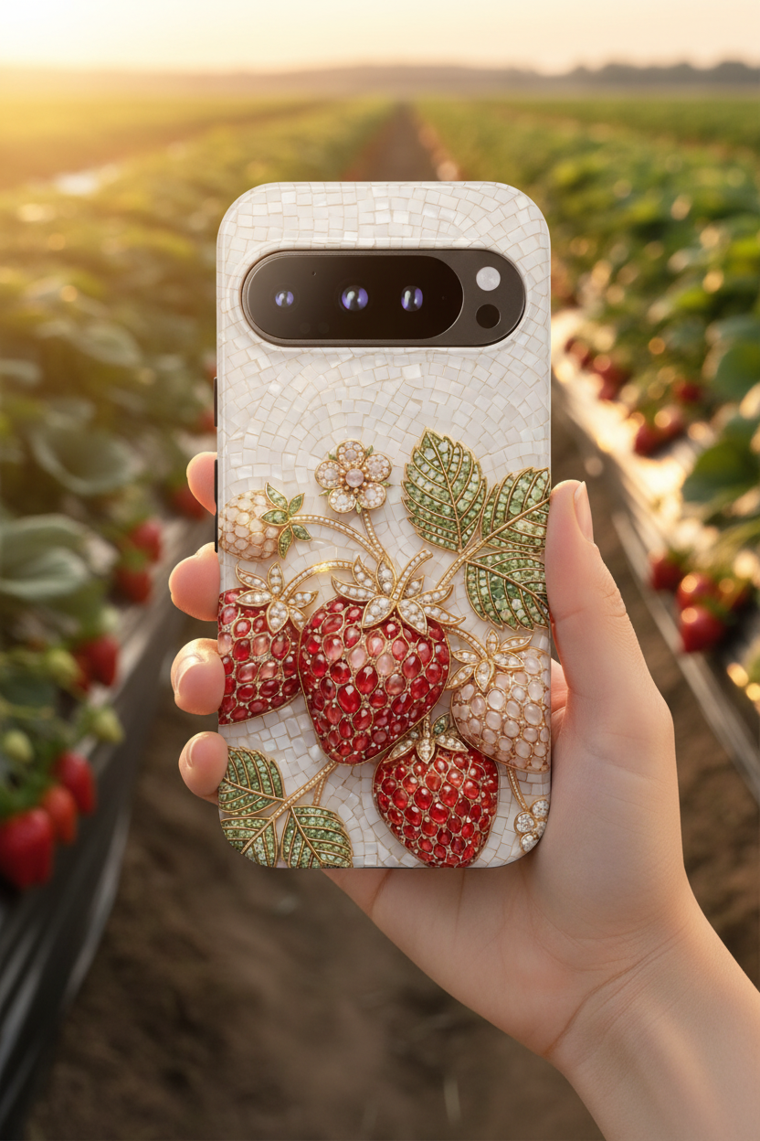 Strawberry Gem Tough Google Pixel Phone Case | Vintage Beaded Fruit Design