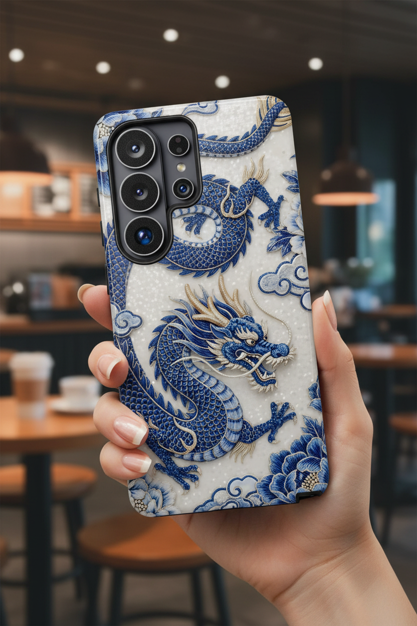 Asian Zodiac Dragon Samsung Galaxy Phone Case V2 | Blue & White Porcelain Luxury Protective Case | Year of the Dragon Gift