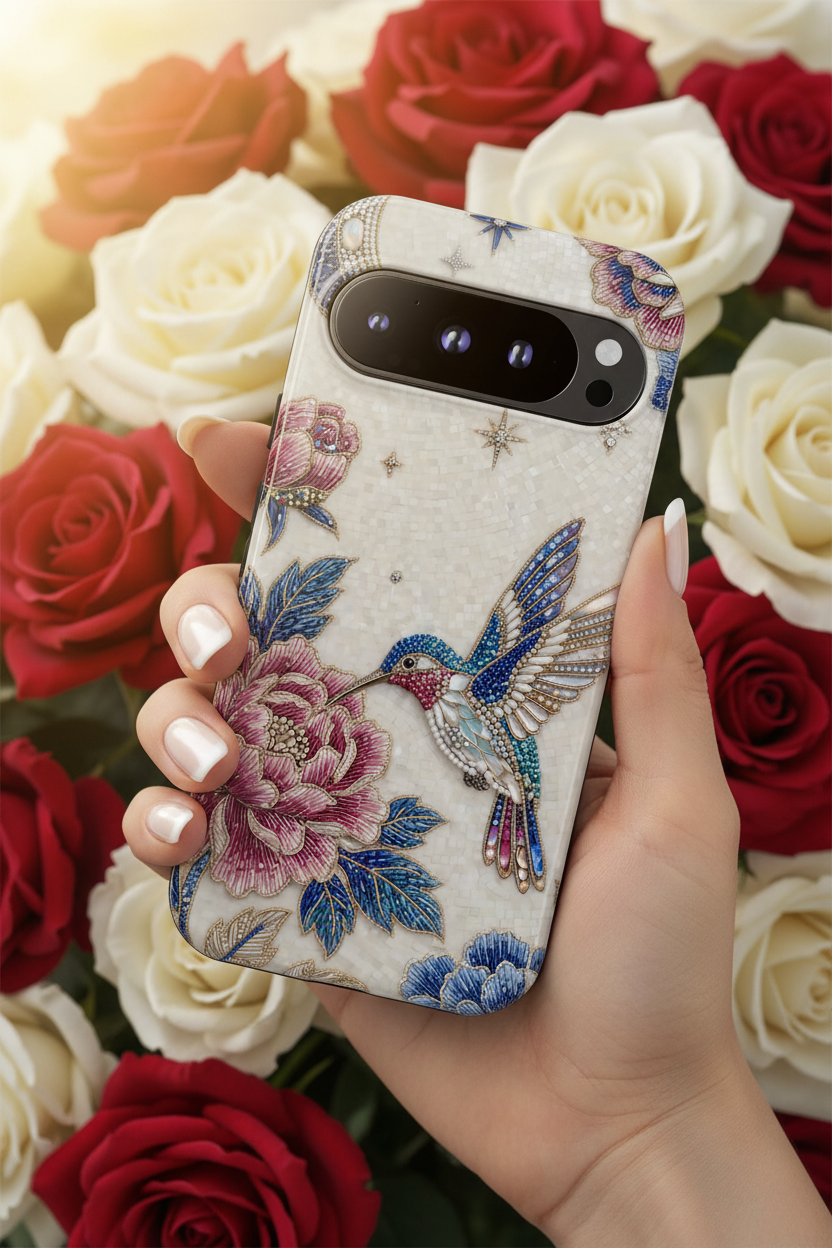 Custodia protettiva rigida per Google Pixel con Colibrì e Fiori | Cover vintage con peonie