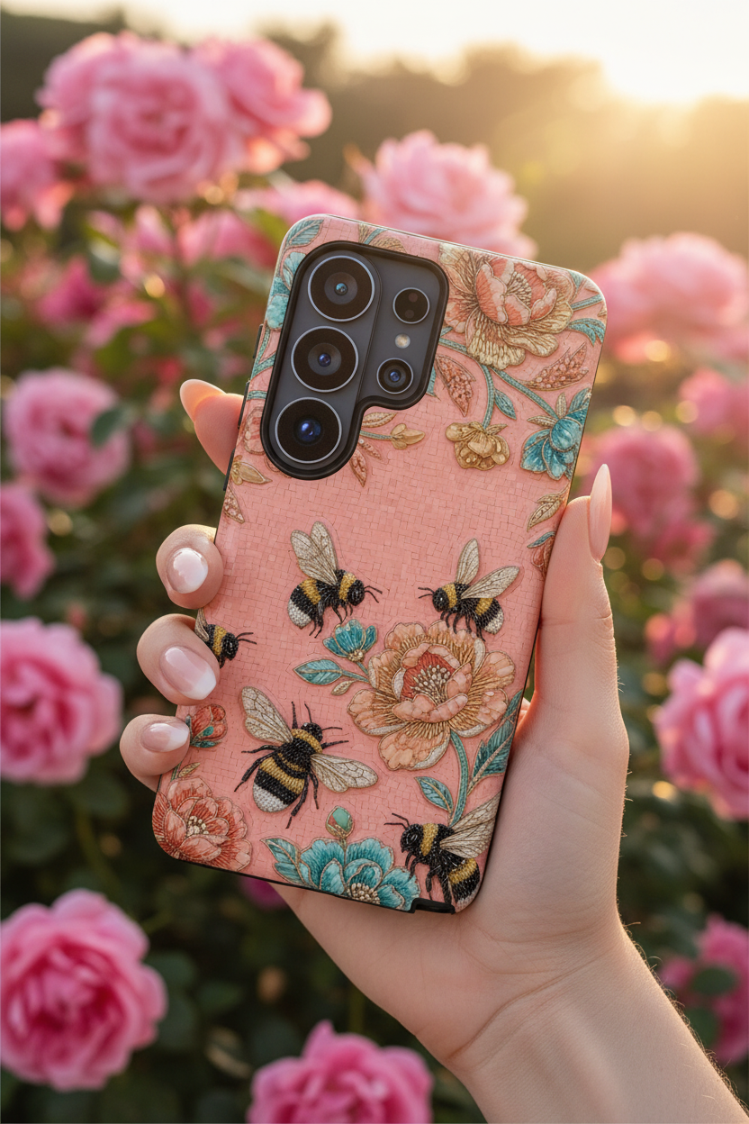 Floral Bee Tough Samsung Galaxy Phone Case | Vintage Pink Garden Protective Cover