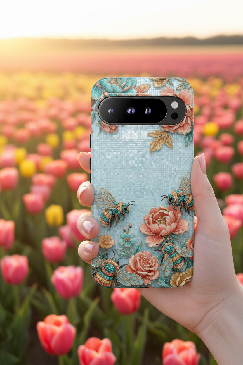 Floral Bees Google Pixel Phone Case | Vintage Rose & Turquoise Protective Cover