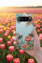 Floral Bees Google Pixel Phone Case | Vintage Rose & Turquoise Protective Cover