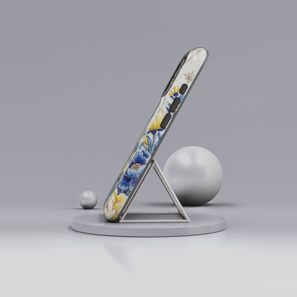 Floral Bee Tough MagSafe iPhone Case | Blue & Yellow Moon Garden Design