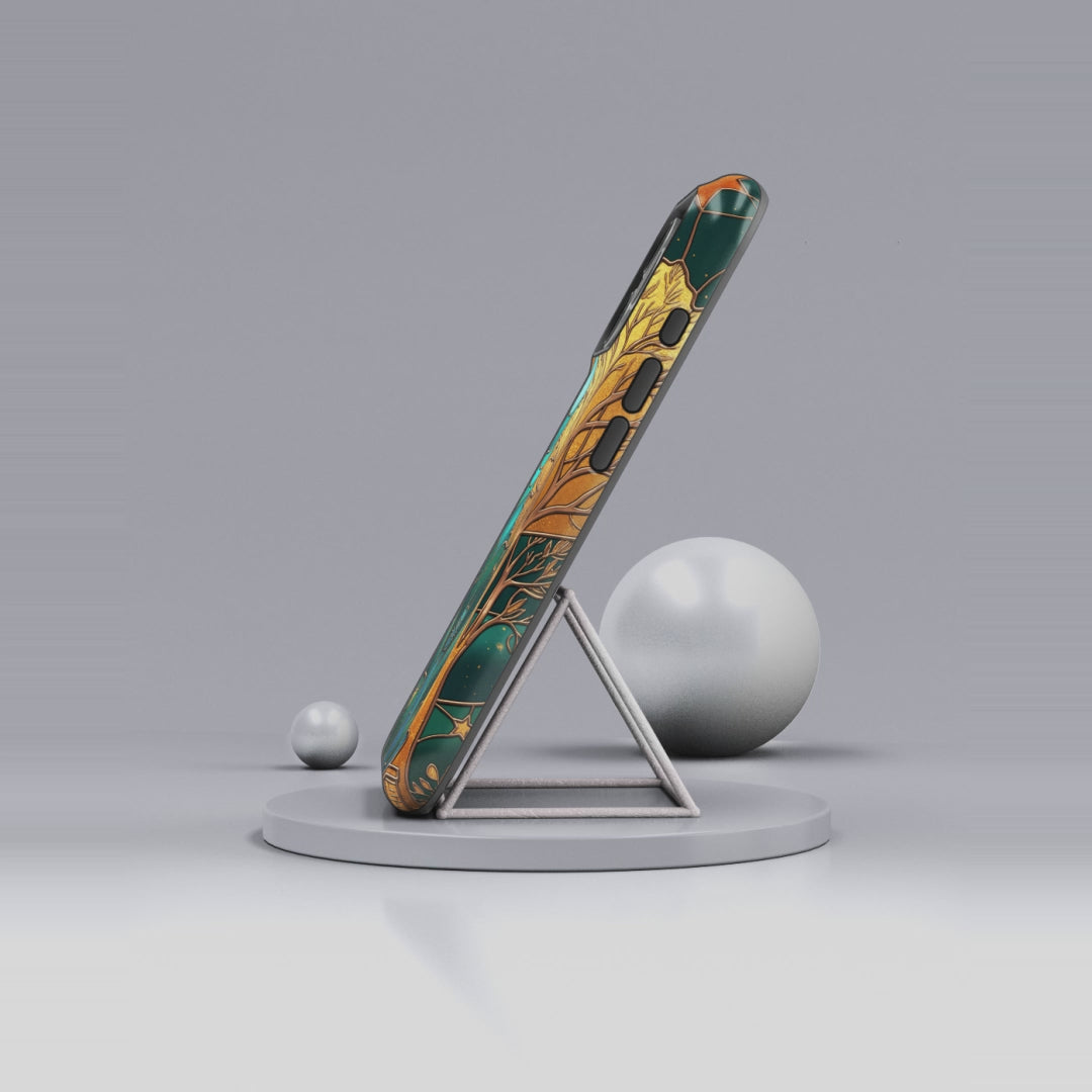 Stained Glass Cat Tough iPhone Case — Gold Tree & Starry Night Design