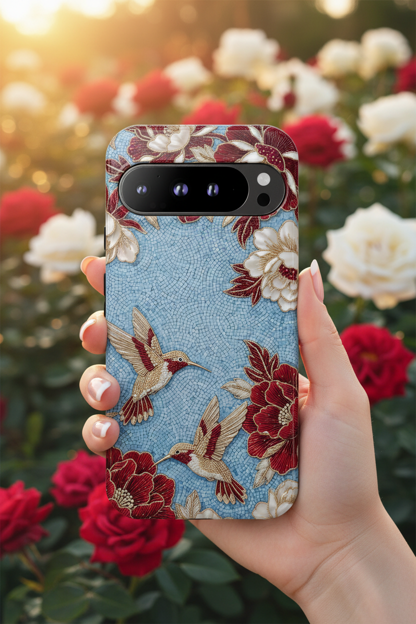 Floral Hummingbird Tough Google Pixel Phone Case | Vintage Blue & Burgundy Botanical Design