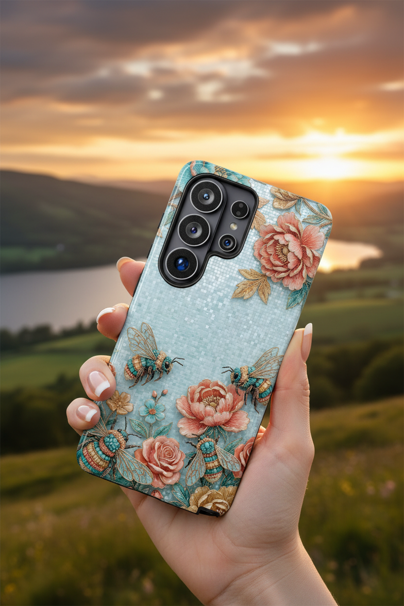 Floral Bees Samsung Galaxy Phone Case | Vintage Rose & Turquoise Protective Cover