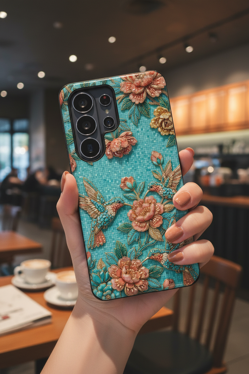 Floral Hummingbird Tough Samsung Galaxy Phone Case | Turquoise Embroidered Garden Design