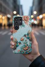 Cover per Samsung Galaxy in robusto materiale, fantasia colibrì e fiori | Design vintage giardino blu