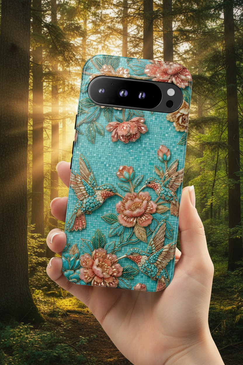 Floral Hummingbird Tough Google Pixel Phone Case | Turquoise Embroidered Garden Design