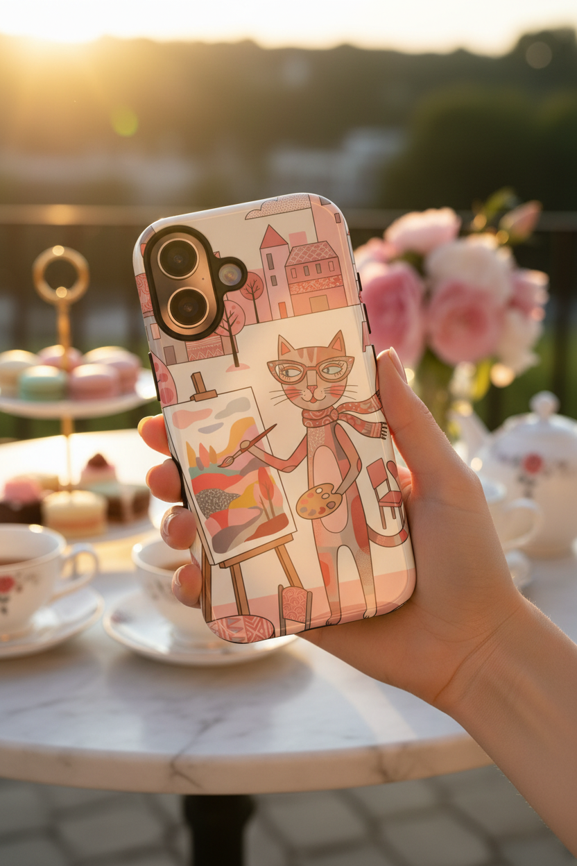 Artistic Cat iPhone Case | Painter Kitty Illustration Tough Case